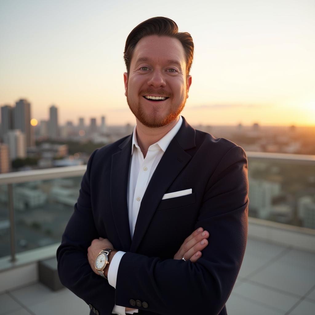 A photograph of Mr. Evan Walsh, standing outside, presumably on a rooftopo with a skyline in the background - most likely the great city of Boston