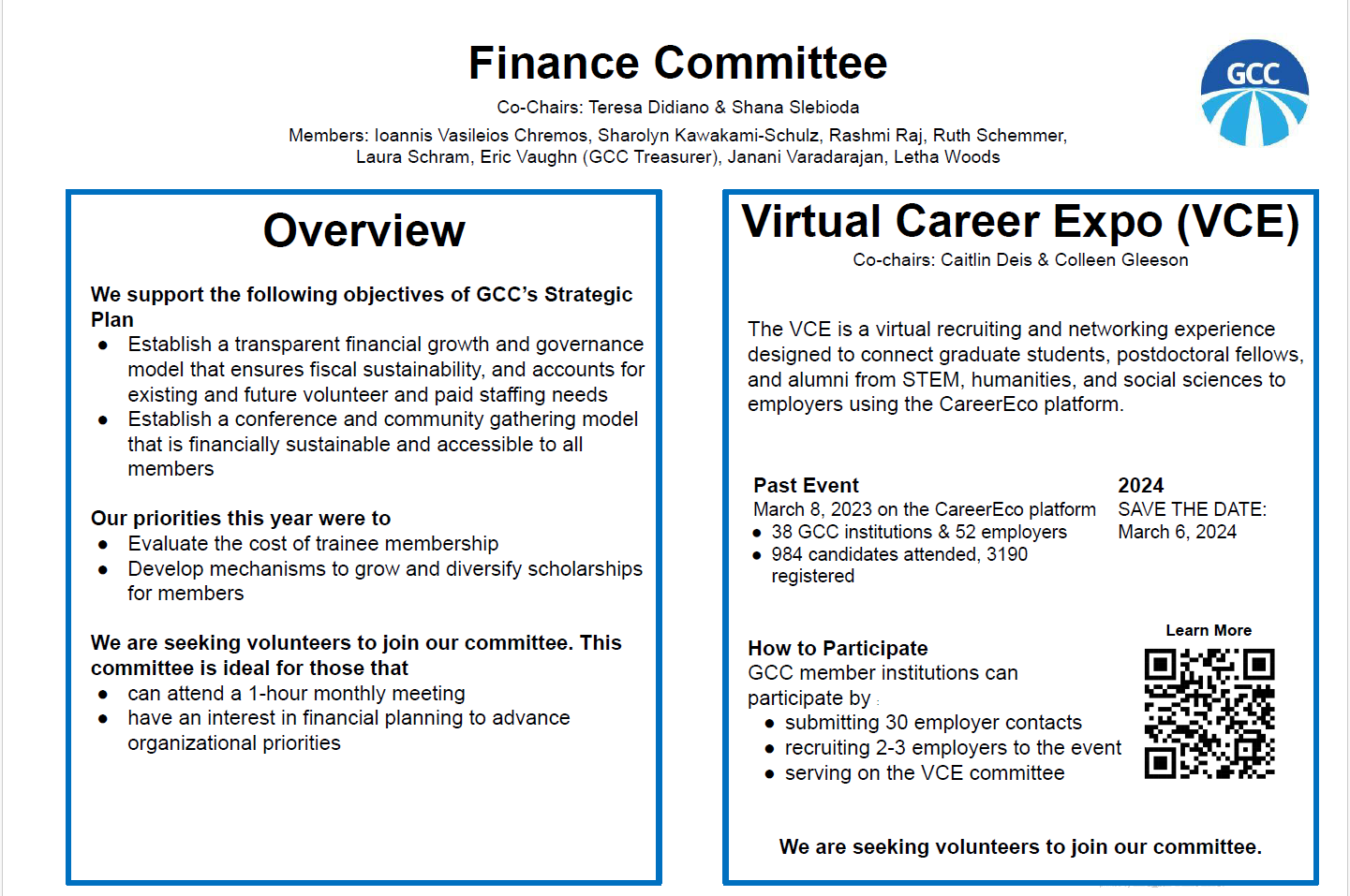 GCC Finance Committee and Virtual Career Expo Poster