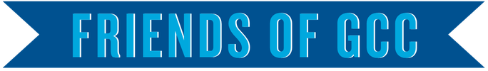 blue ribbon with blue text that says friends of GCC