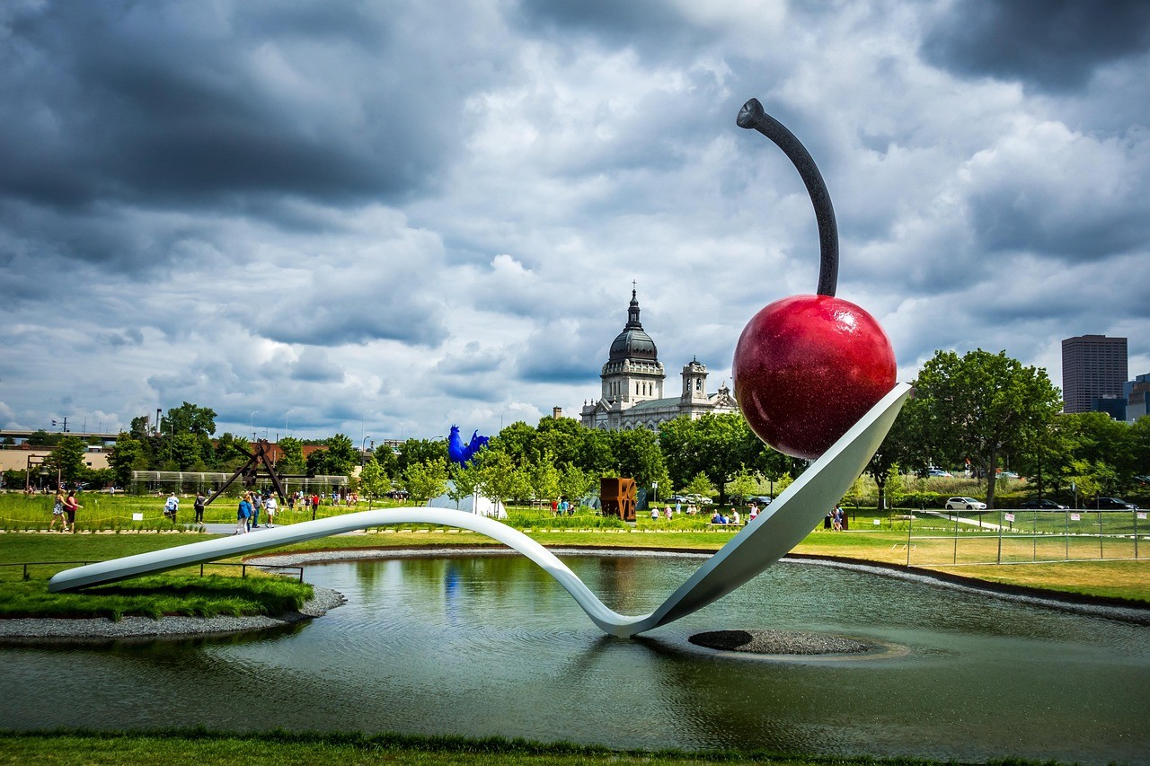 Spoonbridge and Cherry statue. Giant spoon with a cherry on top